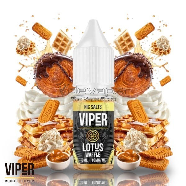 Sales de nicotina Lotus Waffle Viper 10ml 10mg y 20mg. Gofre crujiente, galleta Lotus, dulce de leche, chocolate blanco y nata montada.